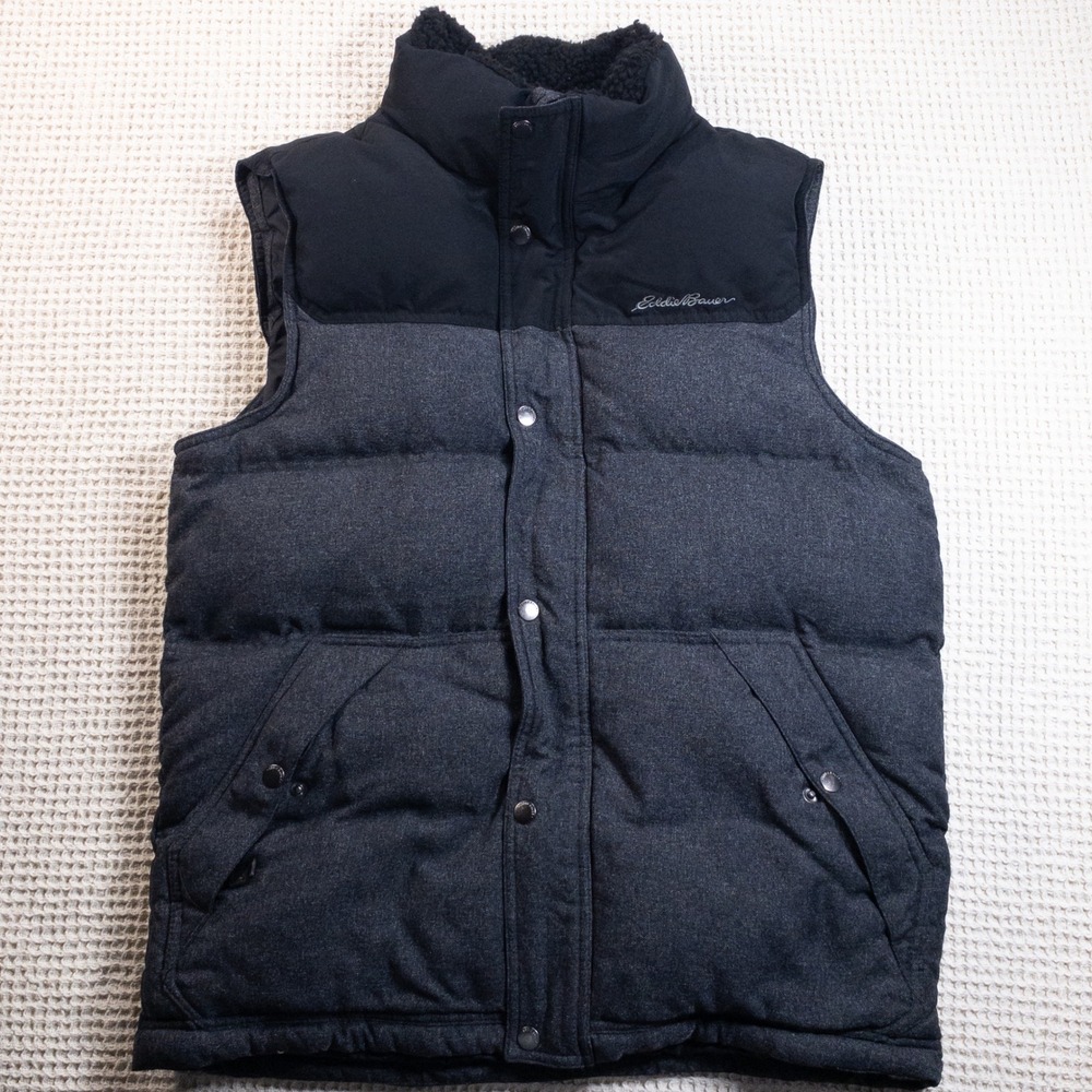 Eddie Bauer Mens Puffer Vest Charcoal Gray Black Sherpa Collar Quilted Medium